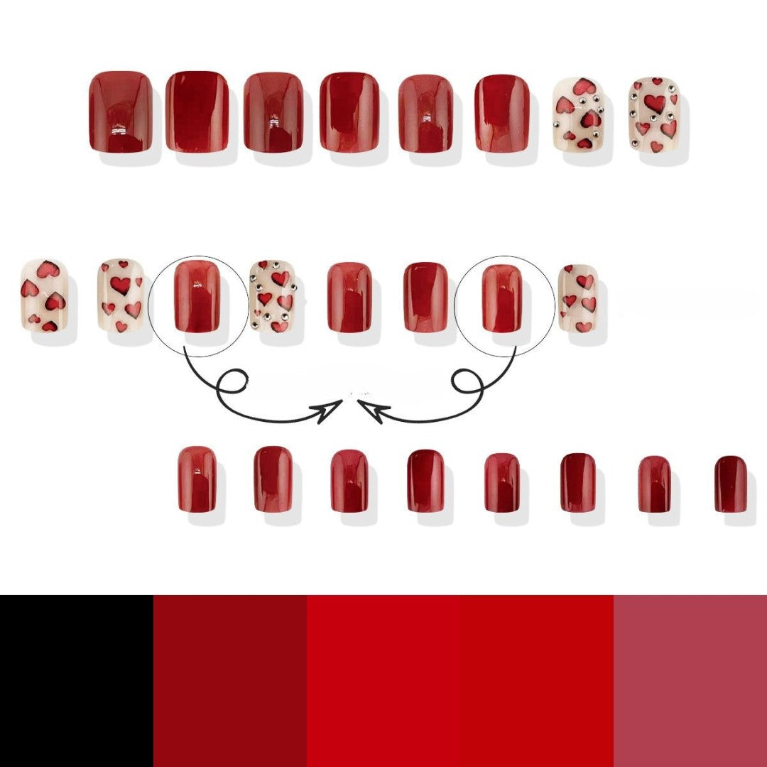 Romantic Elegance Short Square Deep Red High Gloss Press On Nail Set with Heart Patterns