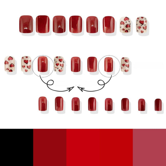Romantic Elegance Short Square Deep Red High Gloss Press On Nail Set with Heart Patterns