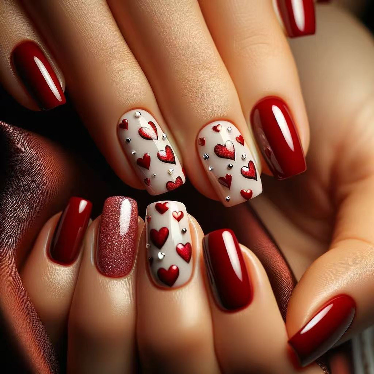 Romantic Love Affair Medium Square Burgundy Nails with Heart Accents and Sparkling Details