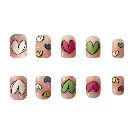 Romantic Heart Theme Short Square Pink Colorful Design with Sparkling Details Press On Nail Set