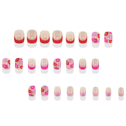 Flirty Kiss Themed Short Squoval Pink and Red Ombre Press on Nail Set with Lip Print Accents