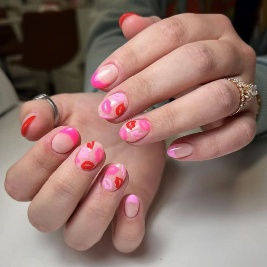 Romantic Blossom Short Round Pink and Red Kiss Design Press On Nail Set