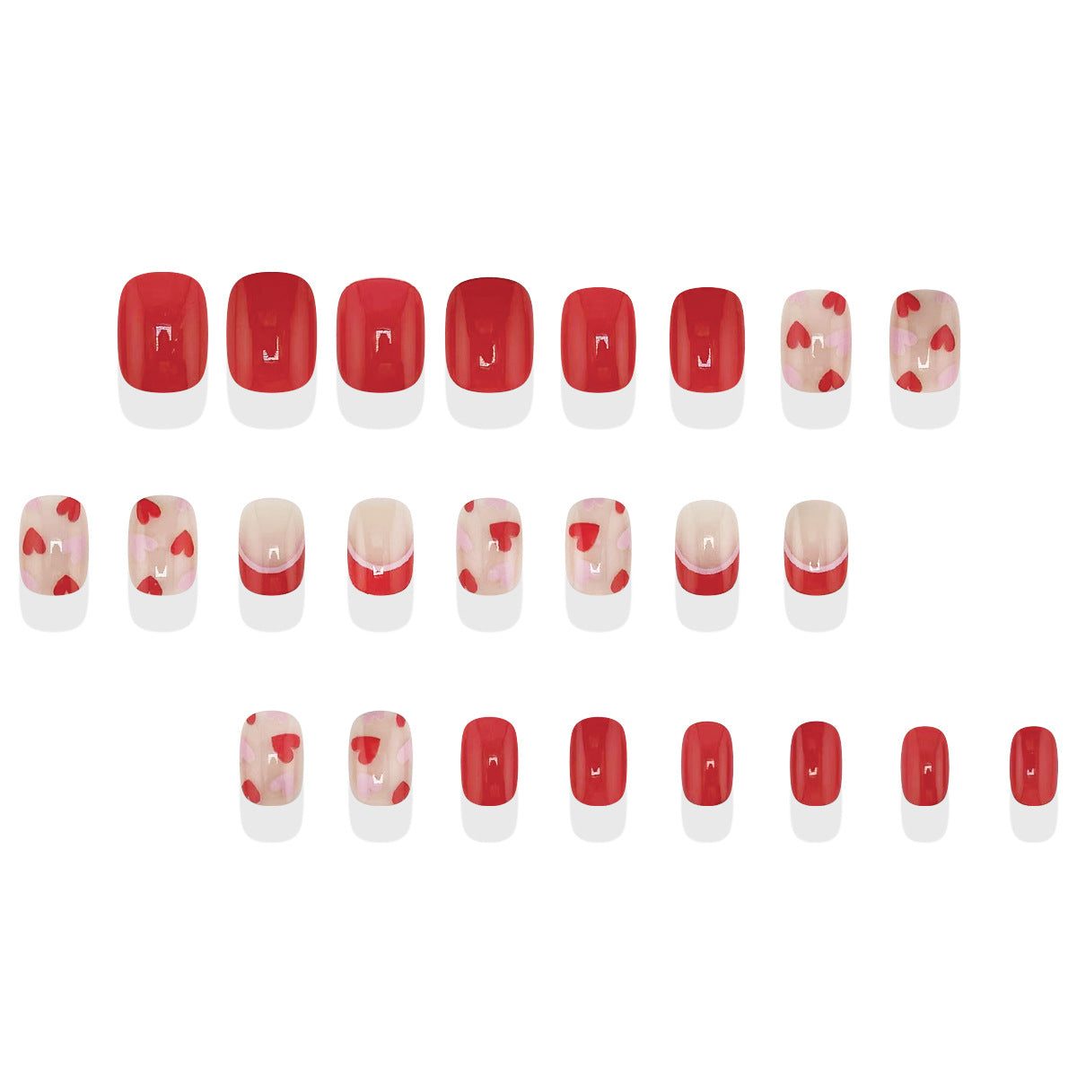 Charming Romance Squoval Short Red and Clear Nails with Heart Accents