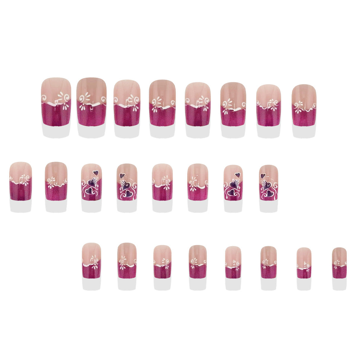 Enchanting Floral Romance Short Square Burgundy and Pink Ombre Press On Nail Set with Elegant White Accents