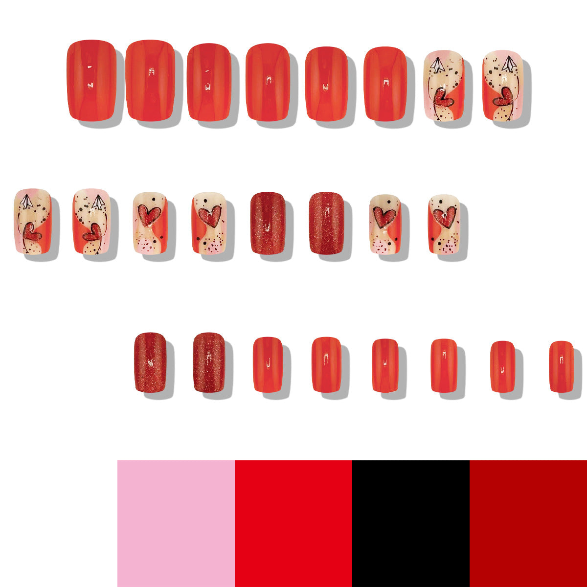 Romantic Elegance Short Square Red Press On Nail Set with Heart Art and Glitter Accents