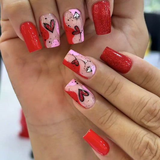 Lovebird Dream Nail Set Medium Square Red and Pink with Heart and Glitter Designs