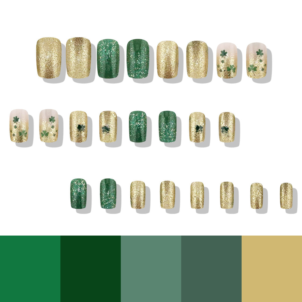 Lucky Charm Inspired Short Square Green and Gold Glitter Press On Nail Set with Shamrock Accents