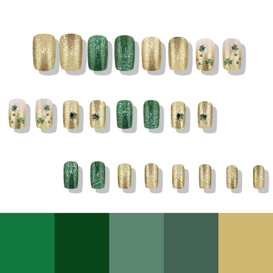 Lucky Charm Inspired Short Square Green and Gold Glitter Press On Nail Set with Shamrock Accents
