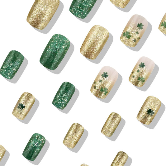 Lucky Charm Green and Gold Glitter Short Square Press-On Nail Set with Shamrock Design