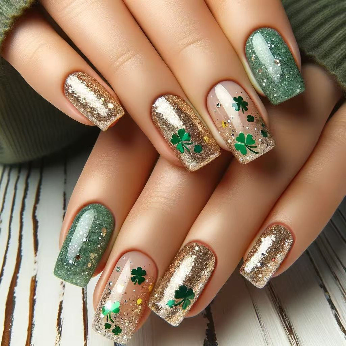 Lucky Charm Glittering Short Square Press On Nail Set with Green Hues and Shamrock Accents