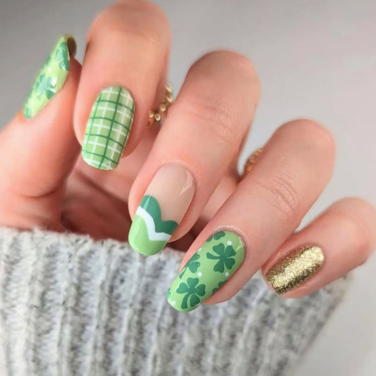 Lucky Clover Theme Medium Square Green Press on Nail Set with Shimmering Accent Design