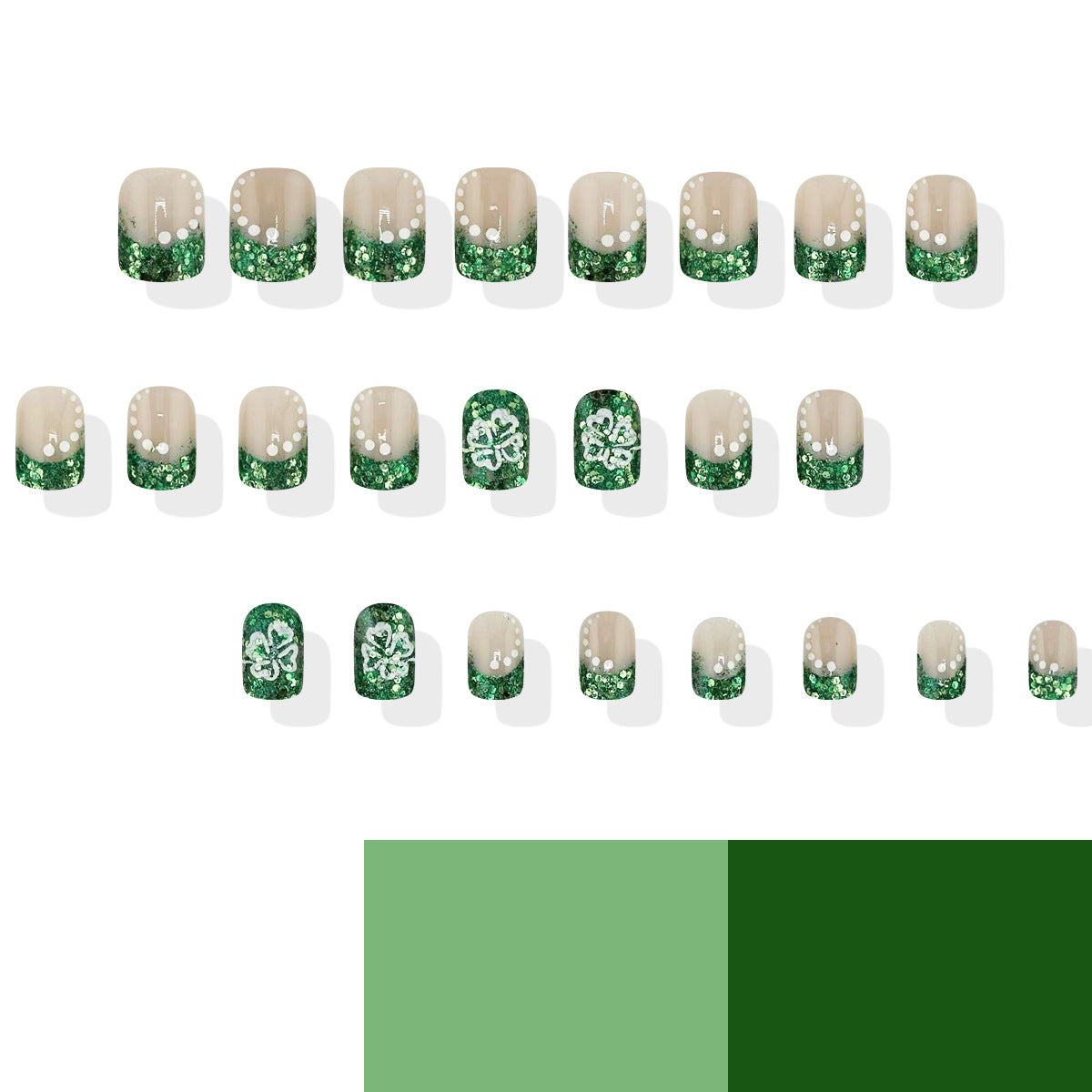 Starlit Emerald Short Squoval Glossy Press On Nail Set with Glittering Green Tips and Shamrock Accents