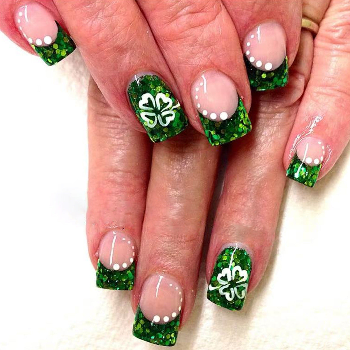 Lucky Charm Elegant Green Short Square Press-On Nail Set with Sparkling Shamrock Accent