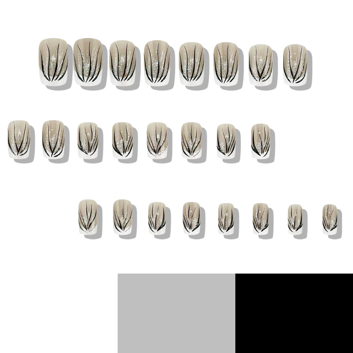 Elegant Nature Inspired Press On Nail Set Short Square Beige with Black Floral Design and Glitter Accents