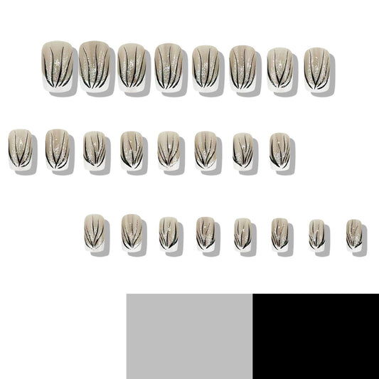 Elegant Nature Inspired Press On Nail Set Short Square Beige with Black Floral Design and Glitter Accents