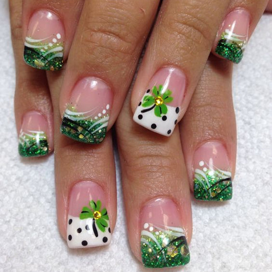 Enchanted Garden Short Square Green Glittery Floral Press On Nail Set