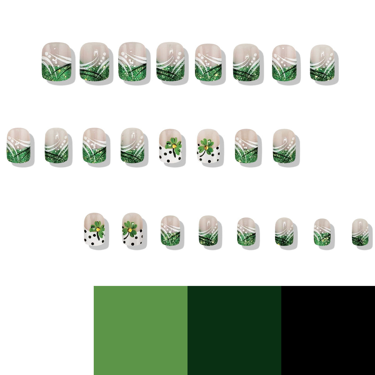Set of nail wraps with green and white designs on a white background