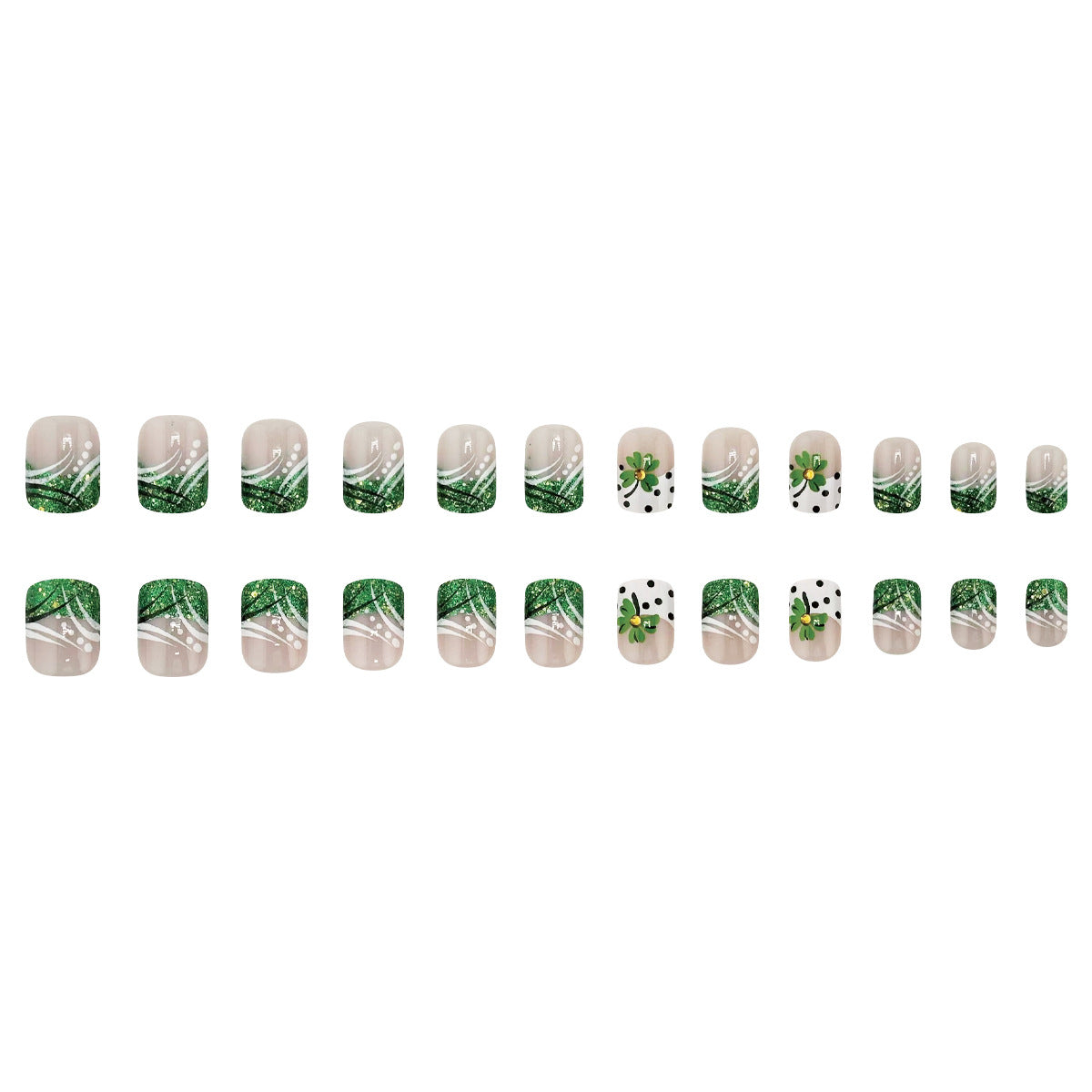 Emerald Garden Short Square Green Glitter Floral Press On Nail Set with Striking Leaf Design