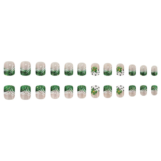 Emerald Garden Short Square Green Glitter Floral Press On Nail Set with Striking Leaf Design