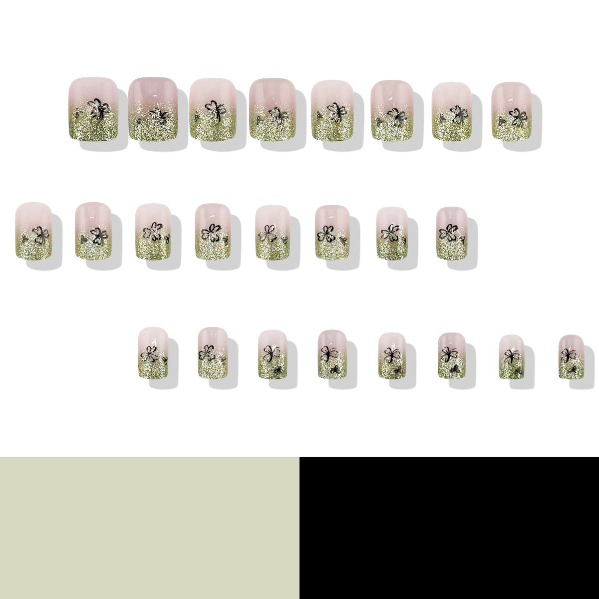 Whimsical Garden Inspired Short Square Press On Nails in Soft Green Glitter with Botanical Designs