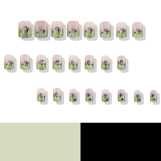Whimsical Garden Inspired Short Square Press On Nails in Soft Green Glitter with Botanical Designs
