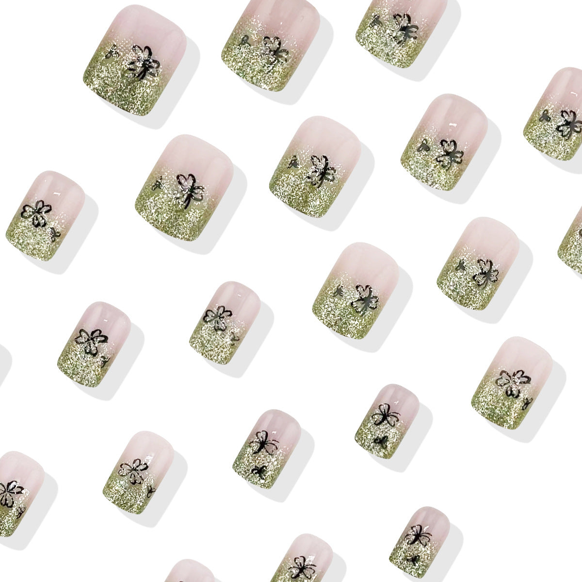 Whimsical Garden Inspired Short Square Shaped Soft Pink and Glittery Green Press On Nail Set with Floral Designs
