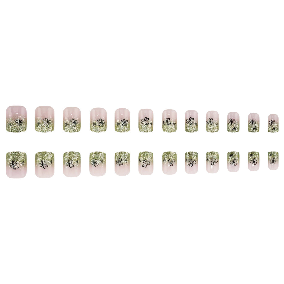 Whimsical Garden Inspired Short Square Green Glitter Ombre Press On Nail Set with Floral Accents
