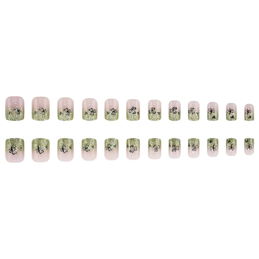 Whimsical Garden Inspired Short Square Green Glitter Ombre Press On Nail Set with Floral Accents