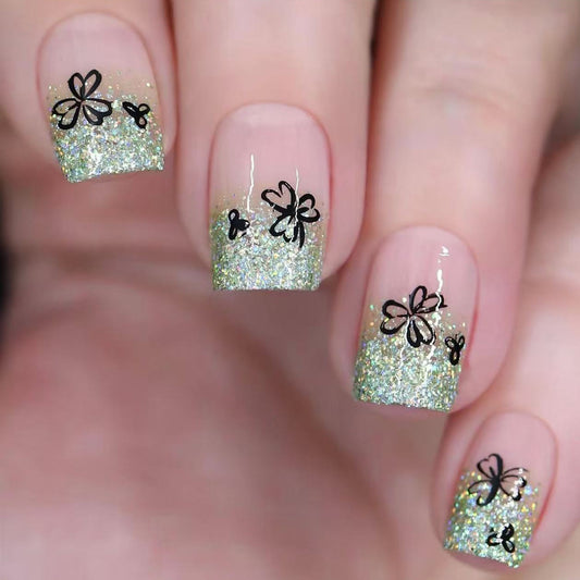 Whimsical Glittery Medium Square Press-On Nail Set in Soft Green with Dazzling Floral Accents