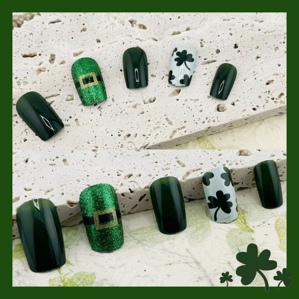 Lucky Clover Inspired Green Short Square Press on Nail Set with Shimmering Glitter Accent and Stylish Shamrock Design