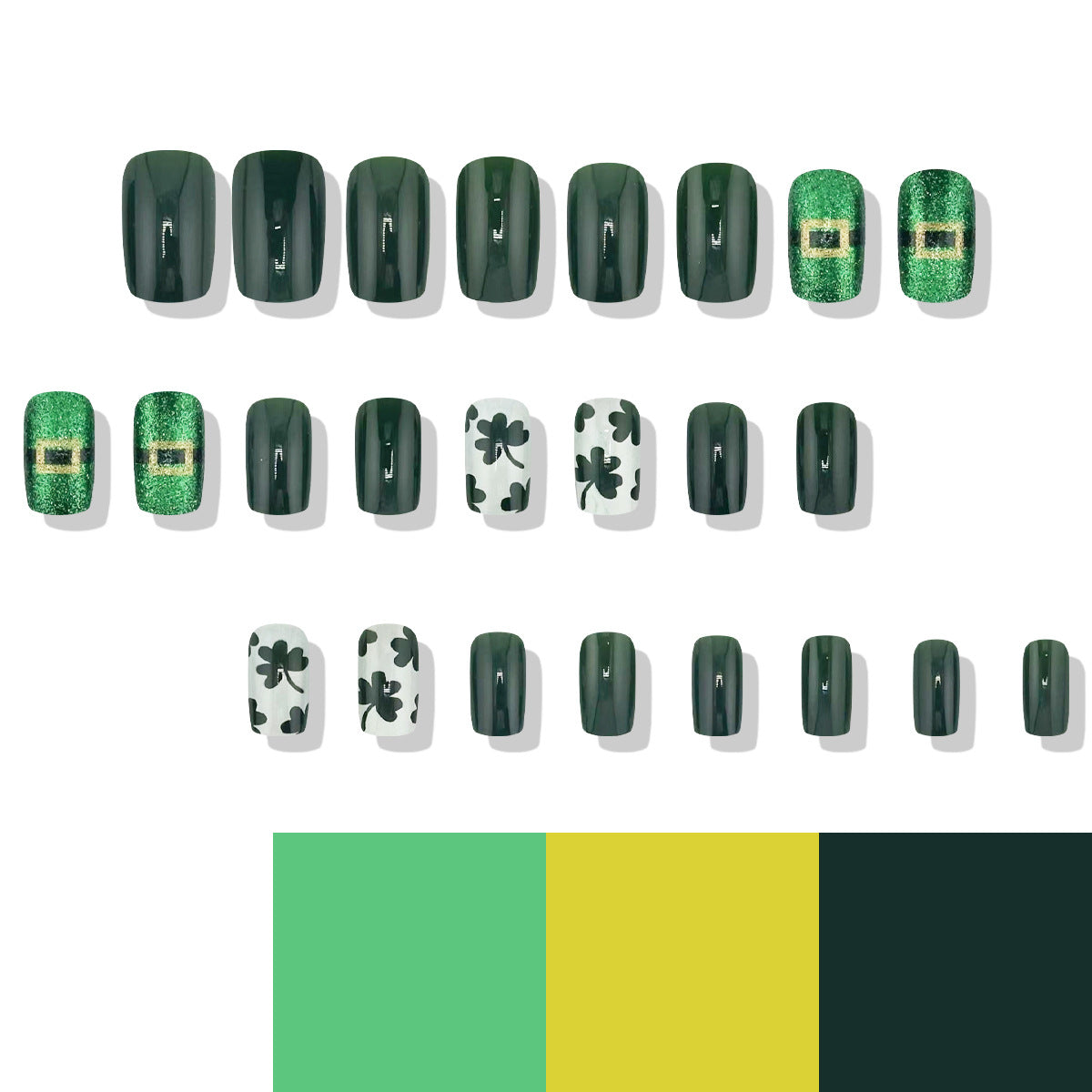 Lucky Charm Green Medium Square Press On Nails with Shamrock and Glitter Accent.