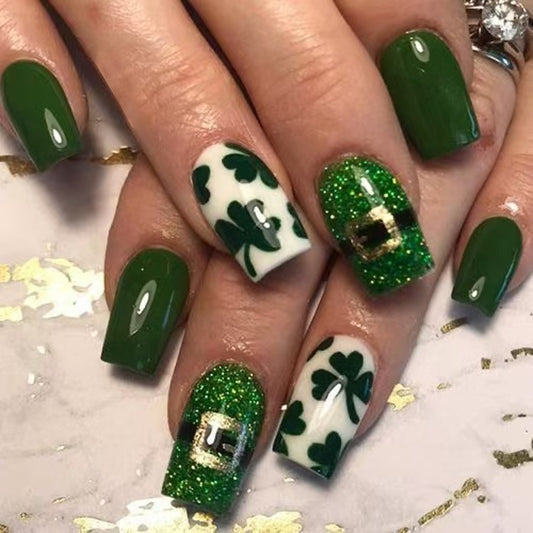 Lucky Charm Emerald Medium Square Press On Nails with Glitter and Clover Design