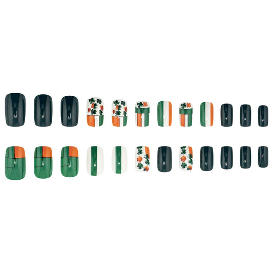 Emerald Isle Celebration Glossy Green and White Medium Square Press-On Nail Set with Floral Accents