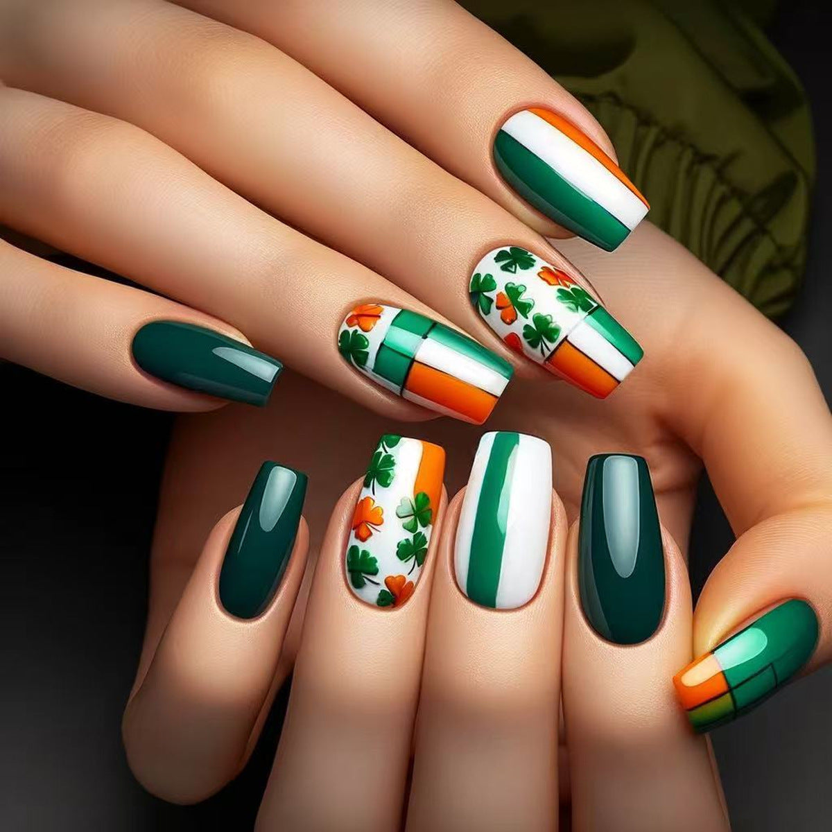 Lucky Charm Short Square Green and Orange Nail Set with Festive Shamrock Designs