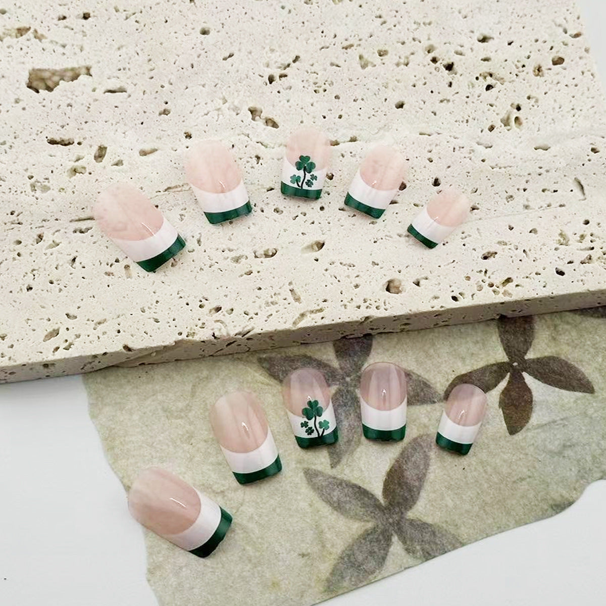 Lucky Clover Delight Short Square Pink and Green Press-On Nails with Charming Floral Design