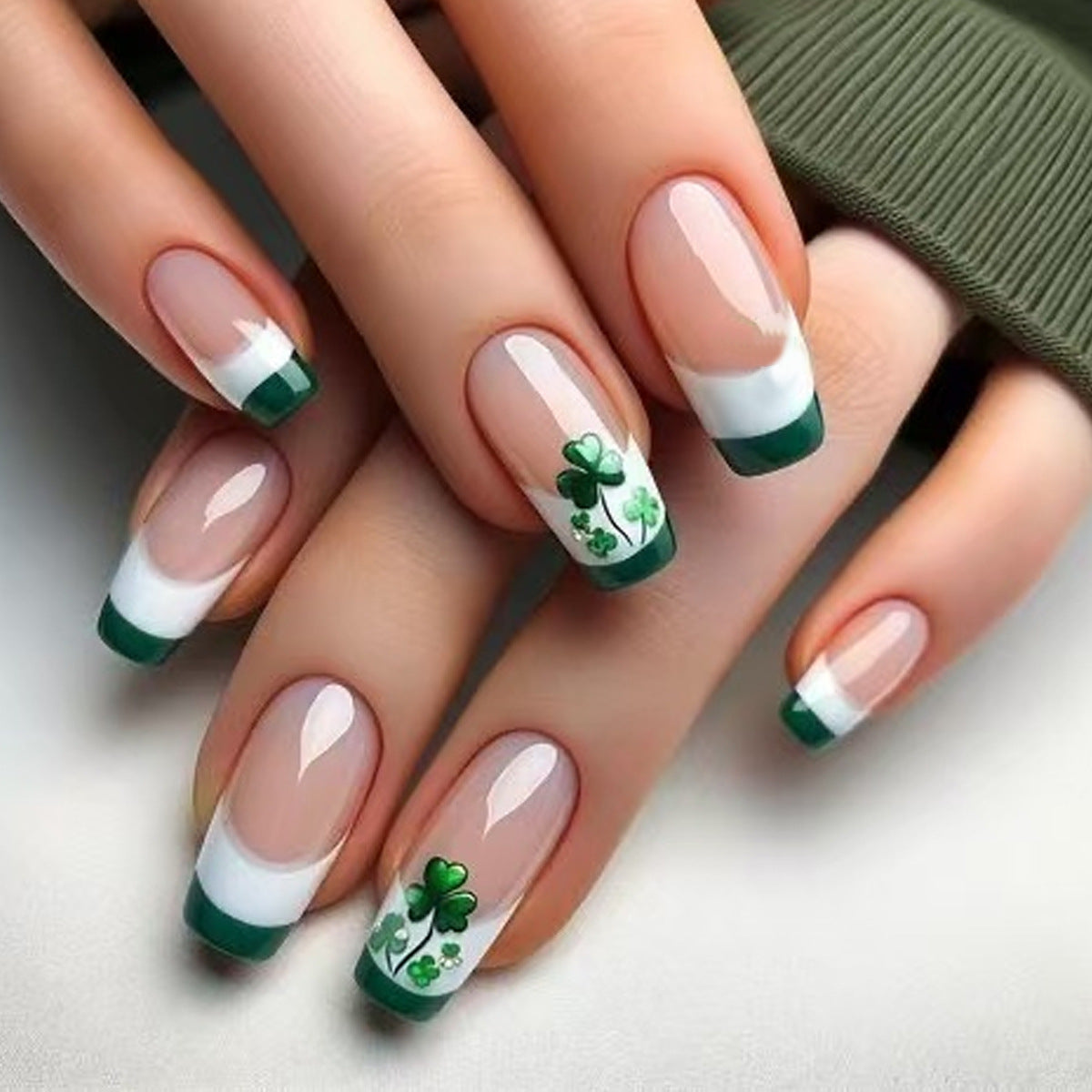 Lucky Charm Elegant Ombre Medium Square Green and White with Shamrock Design Press On Nail Set