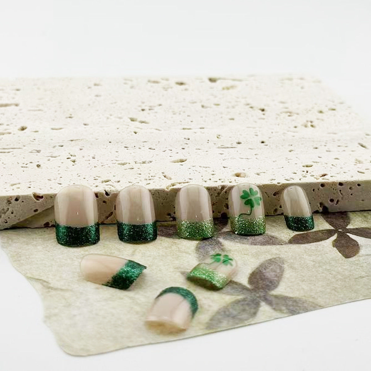 Lucky Shamrock Inspired Short Square Green Gradient Nail Set with Glitter Accents