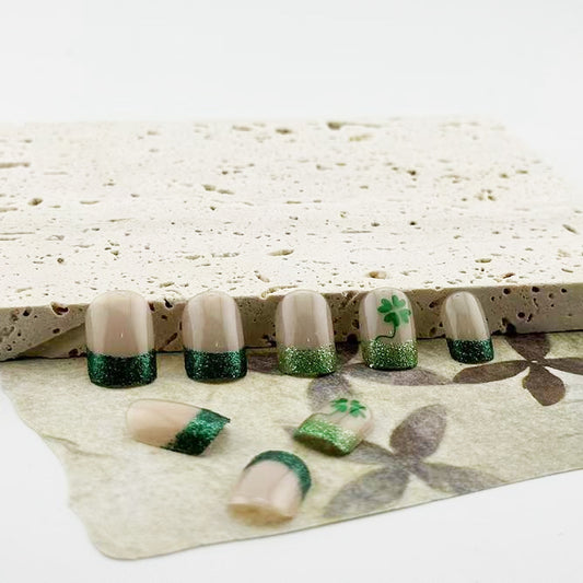 Lucky Shamrock Inspired Short Square Green Gradient Nail Set with Glitter Accents