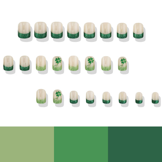 Lucky Charm Glitter Ombre Short Square Nails in Soft Beige and Sparkling Green with Shamrock Details