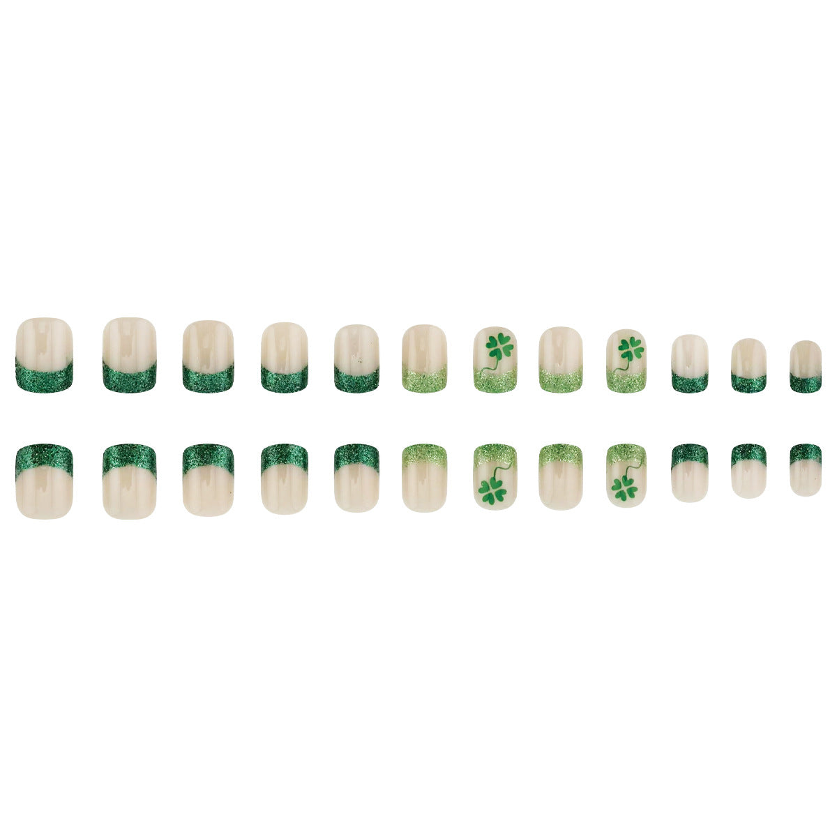 St. Patrick's Day Inspired Short Square Green Ombre Nail Set with Lucky Clover Design