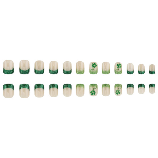 St. Patrick's Day Inspired Short Square Green Ombre Nail Set with Lucky Clover Design