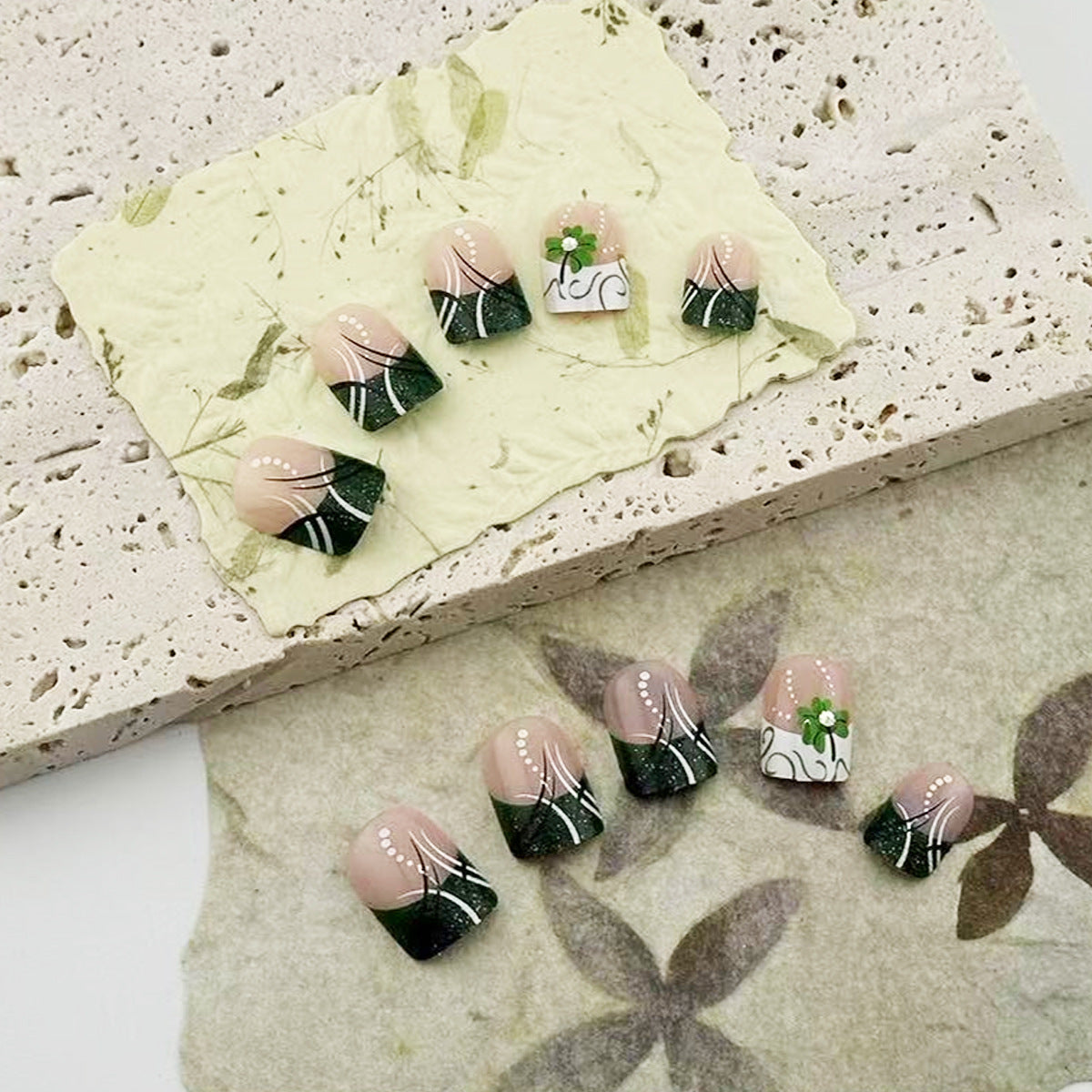 Whimsical Garden Inspired Short Square Green and Beige Press On Nail Set with Floral Accents
