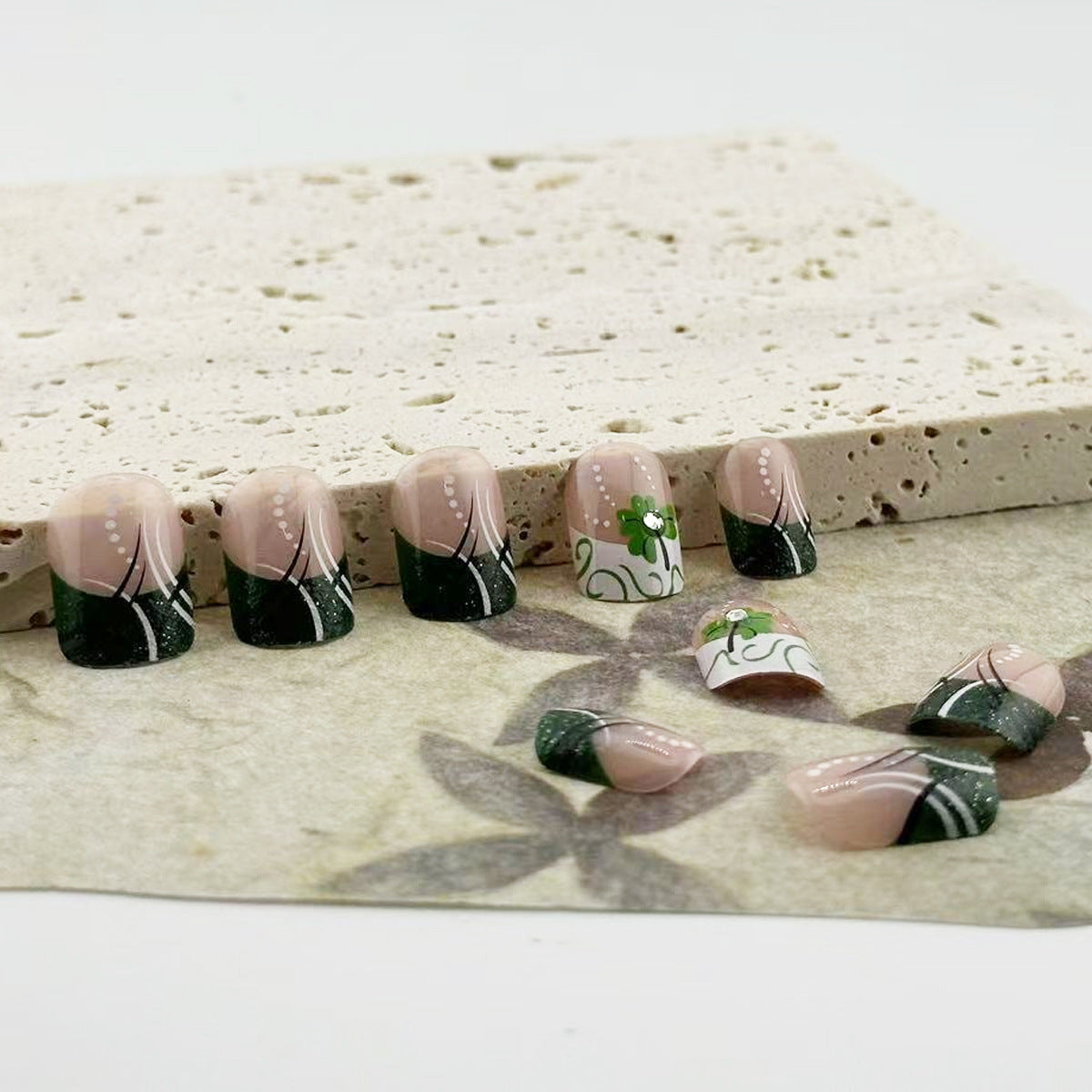 Nature's Delight Short Square Green and Beige Floral Press-On Nail Set with Elegant Designs