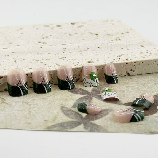 Nature's Delight Short Square Green and Beige Floral Press-On Nail Set with Elegant Designs
