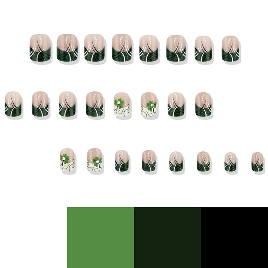 Enchanted Garden Short Square Green Floral Press On Nail Set Featuring Elegant Leaf Designs