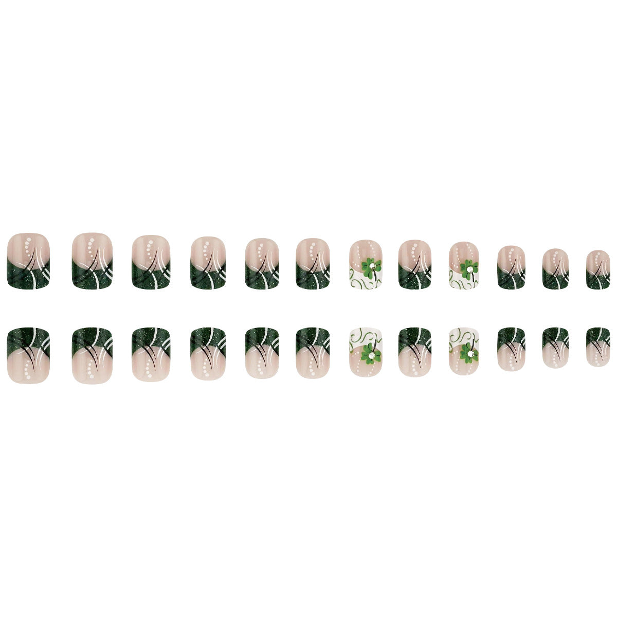 Enchanted Forest Glossy Short Square Green and Beige Floral Design Press-On Nail Set