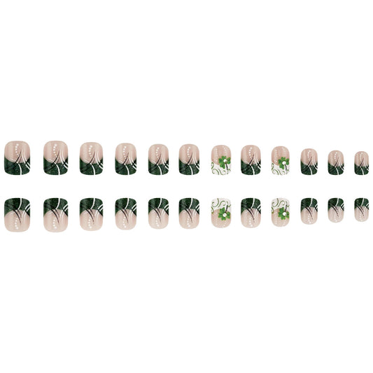 Enchanted Forest Glossy Short Square Green and Beige Floral Design Press-On Nail Set