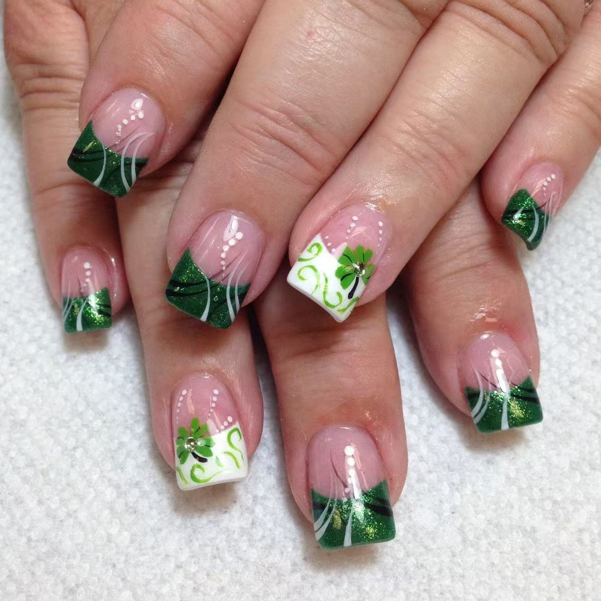 Lucky Shamrock Press on Nail Set Elegant Short Square Design Vibrant Green with Glittery Accents
