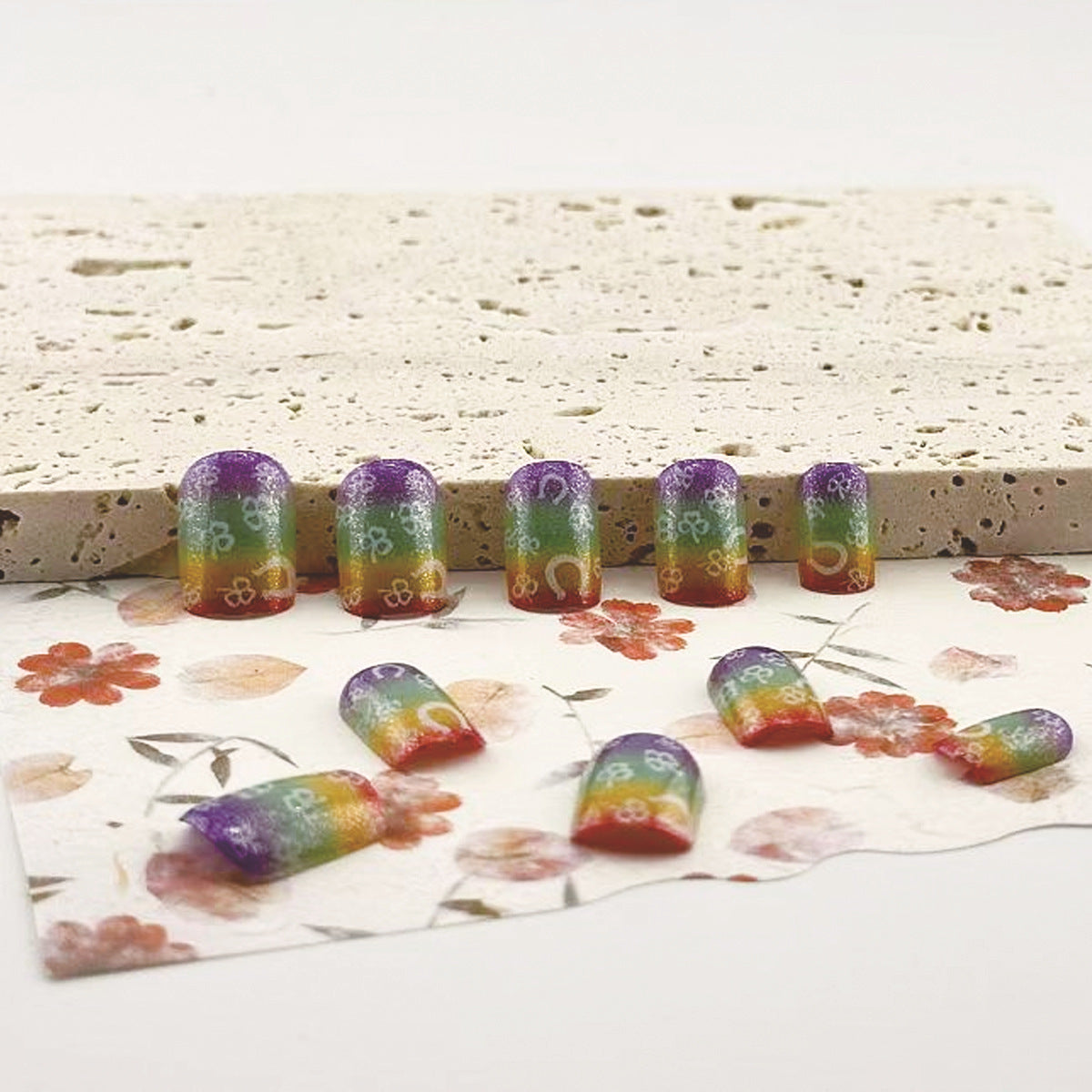 Whimsical Floral Harmony Short Squoval Gel Nails in Vibrant Rainbow with Unique Design Elements