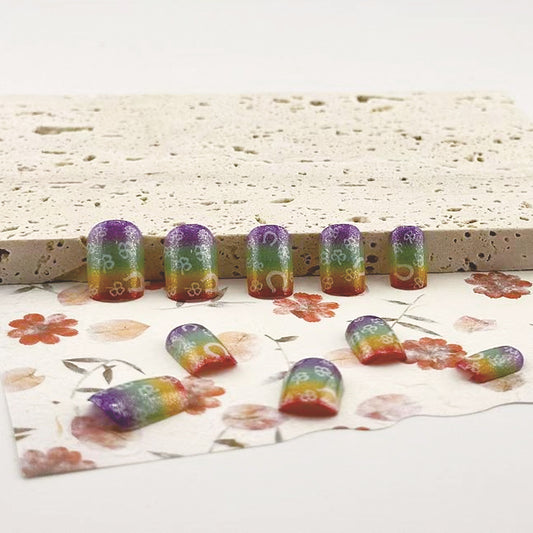 Whimsical Floral Harmony Short Squoval Gel Nails in Vibrant Rainbow with Unique Design Elements